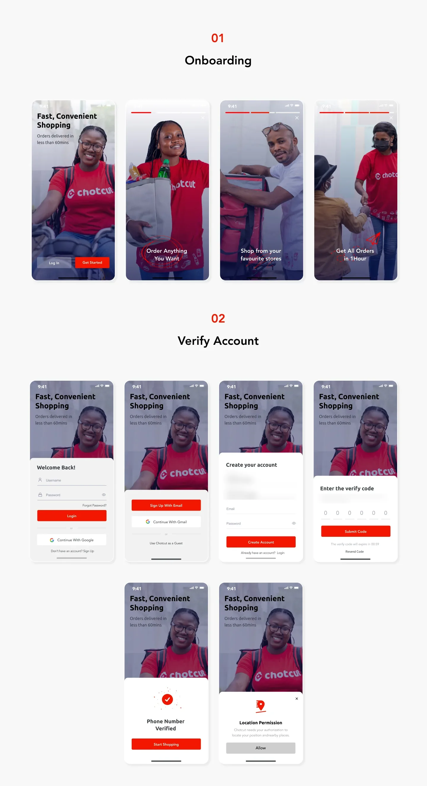 Onboarding screens and verify account screens of the Chotcut mobile app on a white background