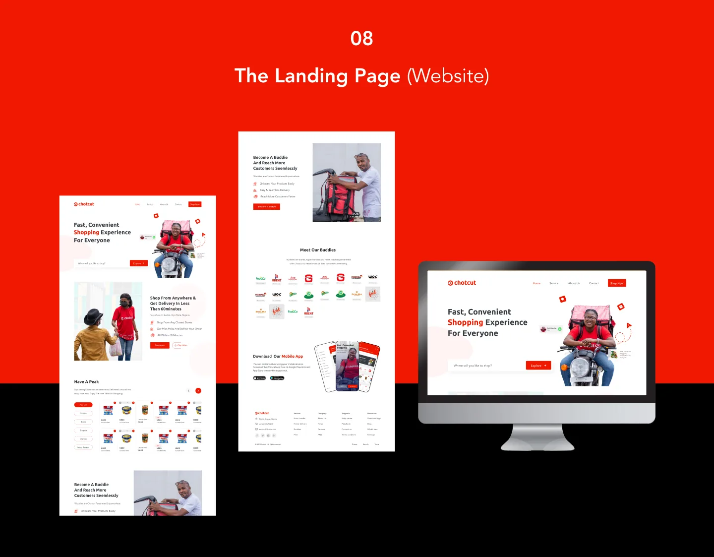 Landing page for the website with a red hero, how it works, store brands and a Thank you panel showing phones and a laptop
