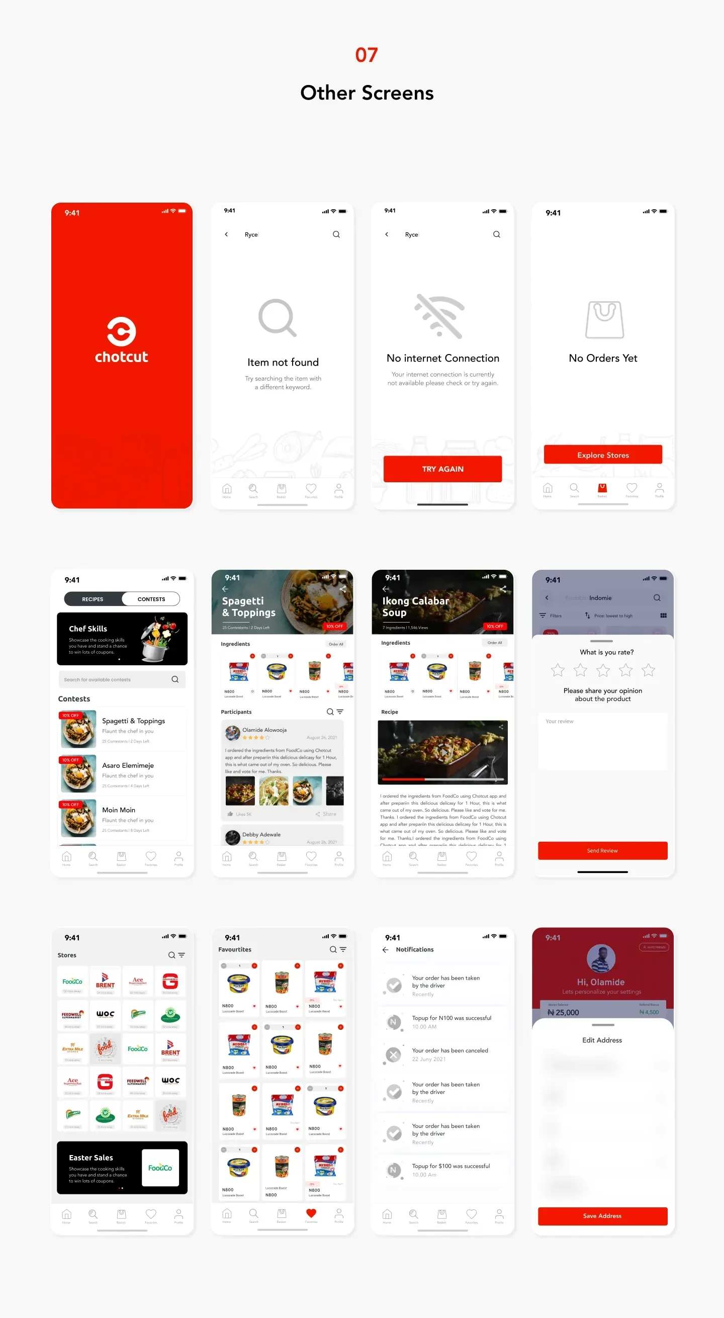 Other screens: a red splash screen, empty states for item not found, no internet and no orders, recipe contests and a recipe page, a rating sheet, a stores grid, favourites, notifications and an edit address sheet
