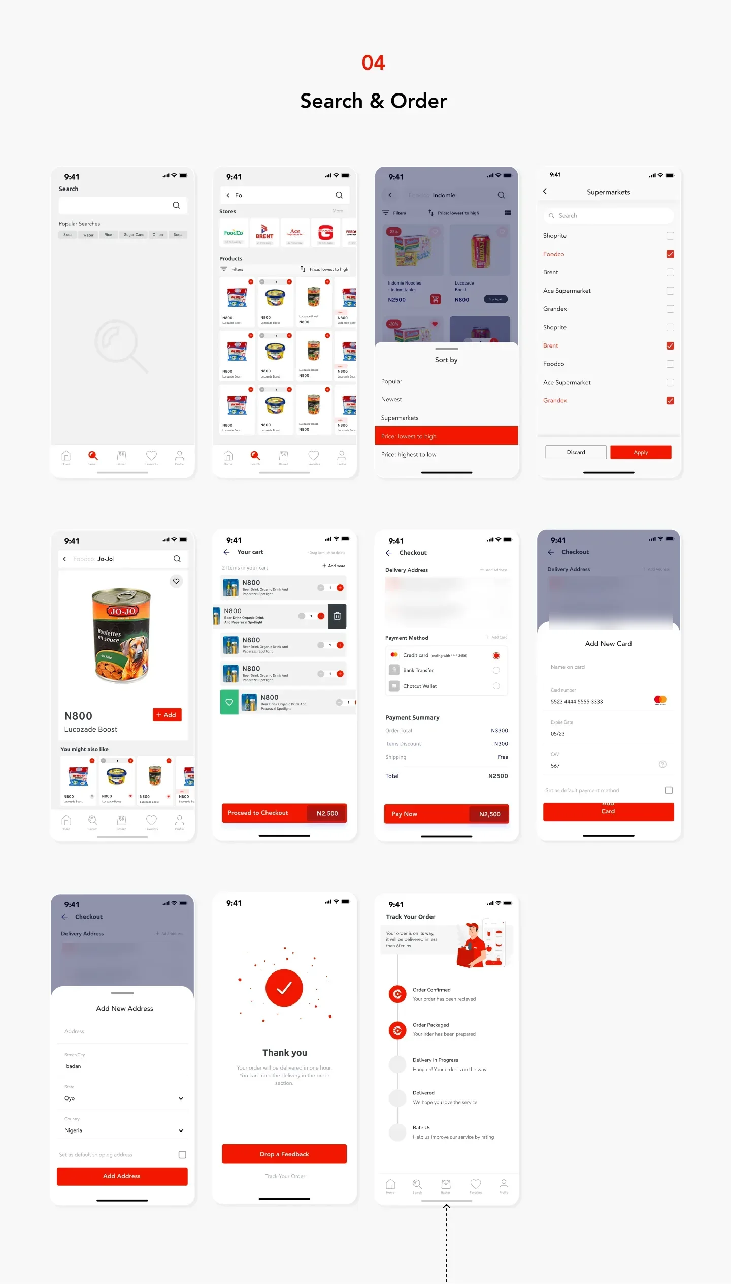 Search and order screens: search, store and product lists, sort and filter sheets, a product page, a cart, checkout with address, payment method and summary, a thank-you and order tracking
