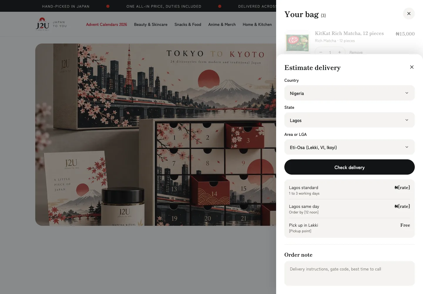 Cart drawer with an Estimate delivery panel for country, state and area, three delivery options and an order note field