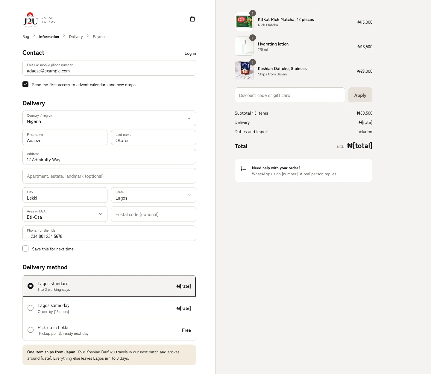 Checkout with contact, delivery address fields, a delivery method and an order summary with duties and import included