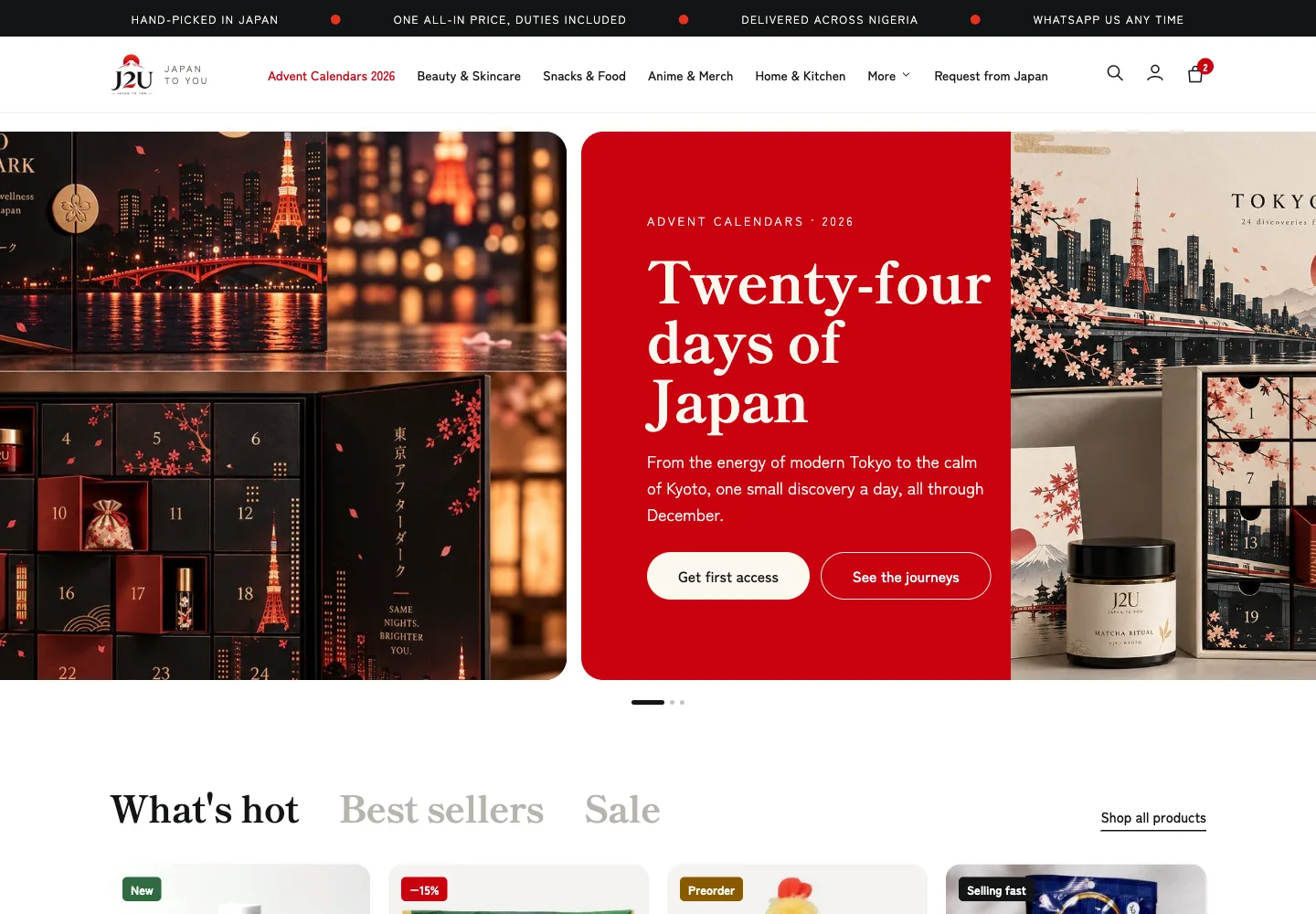 Desktop homepage: announcement bar with four messages, a navigation with Advent Calendars 2026, Beauty and Skincare, Snacks and Food, Anime and Merch, Home and Kitchen and Request from Japan, and a red advent calendar hero