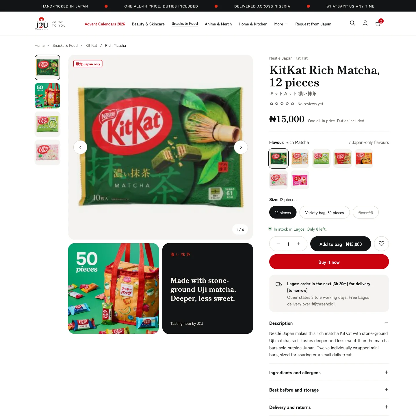Product page for KitKat Rich Matcha, 12 pieces, with flavour and size options, price 15,000 naira, an In Lagos stock line and Add to bag and Buy it now buttons