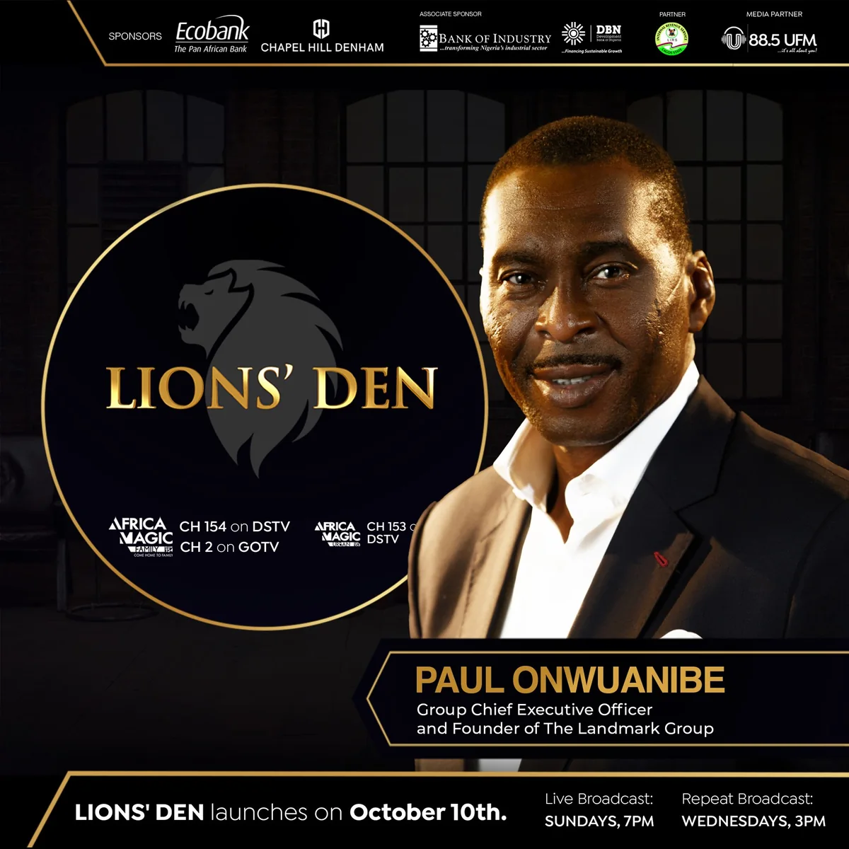 Investor profile graphic: a portrait of one of the Lions inside a gold circle with the lion emblem, name and company, and the launch date