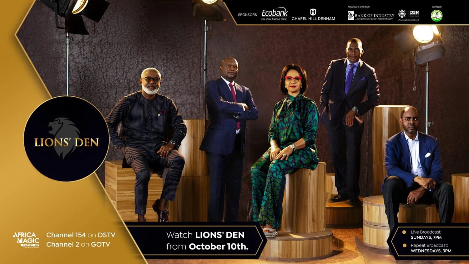 Key art: the five Lions seated in a studio with the Lions’ Den emblem, broadcast times and sponsor logos, and the line Watch Lions’ Den from October 10th