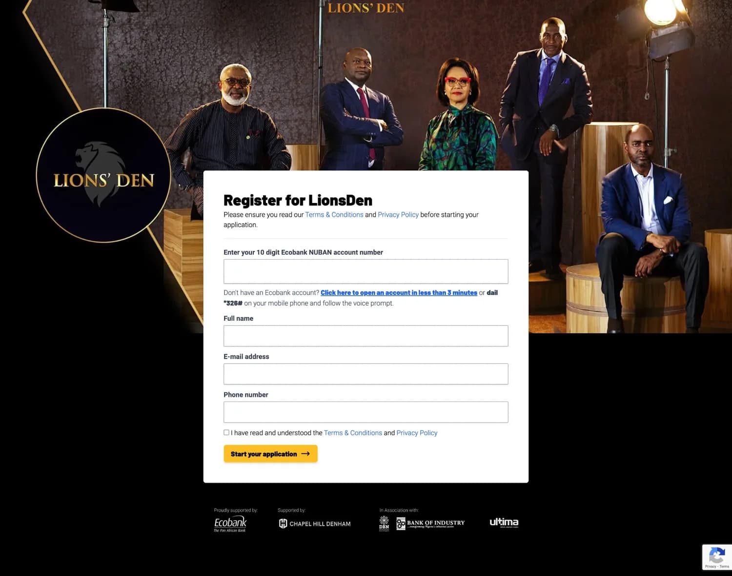 Application portal on desktop: a registration form for Lions’ Den over the key art, with fields for account number, name, email and phone