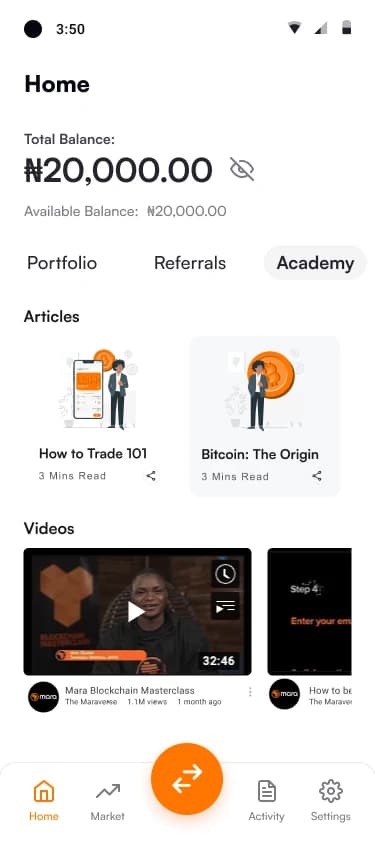 Academy tab with short articles and videos about trading and Bitcoin