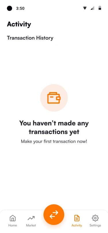 Empty activity screen saying you haven’t made any transactions yet