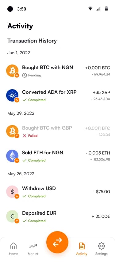 Transaction history grouped by date with pending, completed and failed statuses