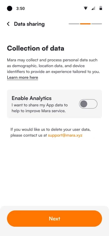 Data sharing step with an analytics switch turned off and a note on how to delete your data