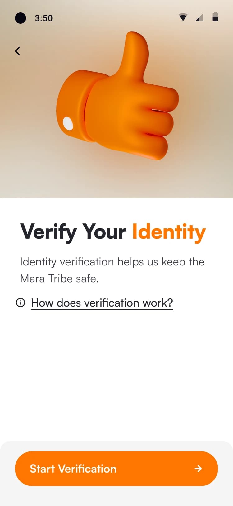 Verify Your Identity screen with an orange thumbs-up illustration and a Start Verification button
