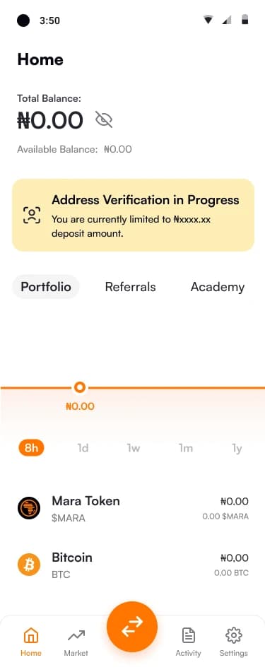 Home screen showing a zero balance and a banner saying address verification is in progress and a deposit limit applies