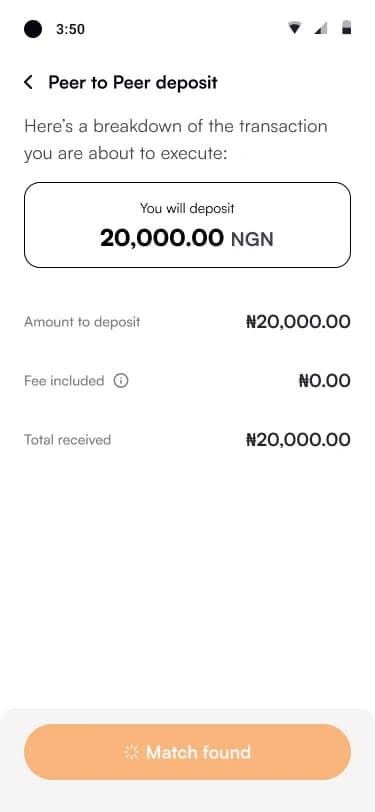 Peer to Peer deposit review with the button reading Match found