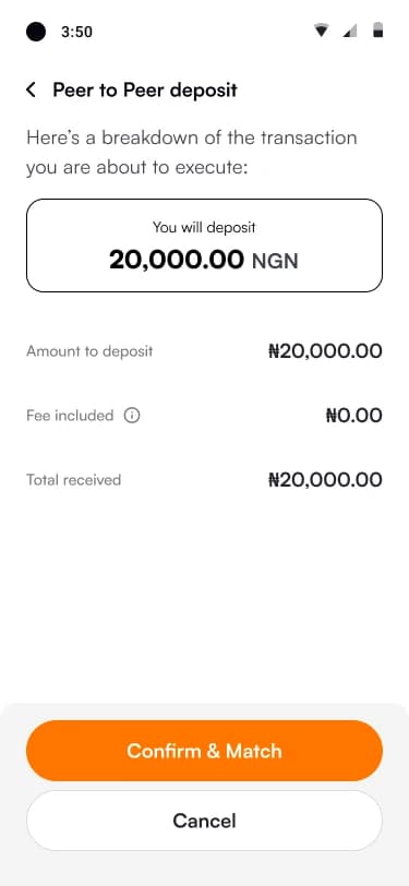 Peer to Peer deposit review showing a 20,000 naira deposit, no fee and a Confirm and Match button