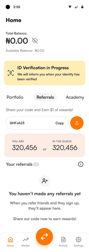Referrals tab with a share code, a place in the queue and an empty referrals list