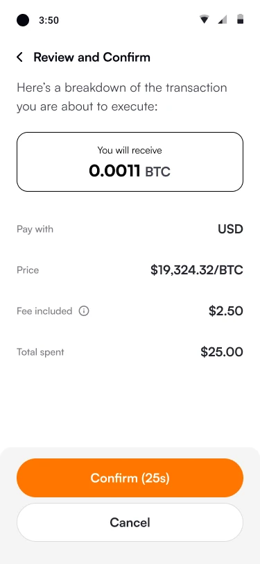 Review and Confirm for buying Bitcoin showing amount received, price, fee included and total spent, with a Confirm button counting down 25 seconds