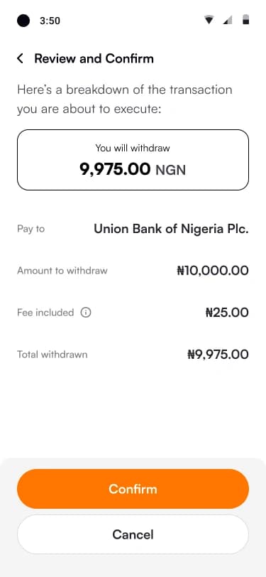 Review and Confirm for a withdrawal showing the bank, amount, fee and total withdrawn