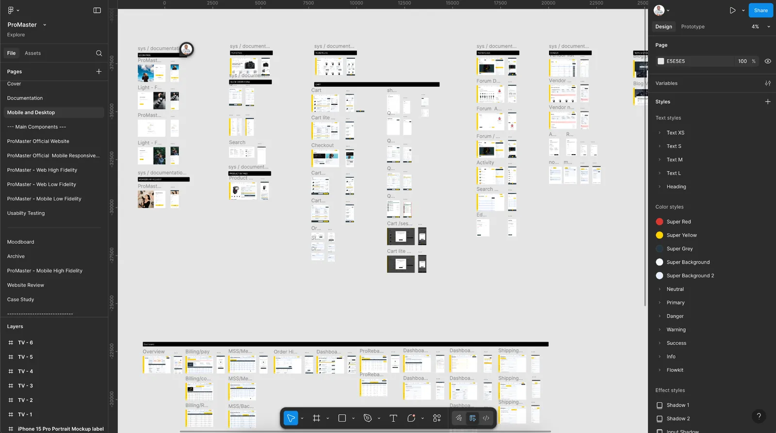 The ProMaster Figma file with pages for mobile and desktop, main components, official website and mobile responsive, high and low fidelity, usability testing, moodboard and case study