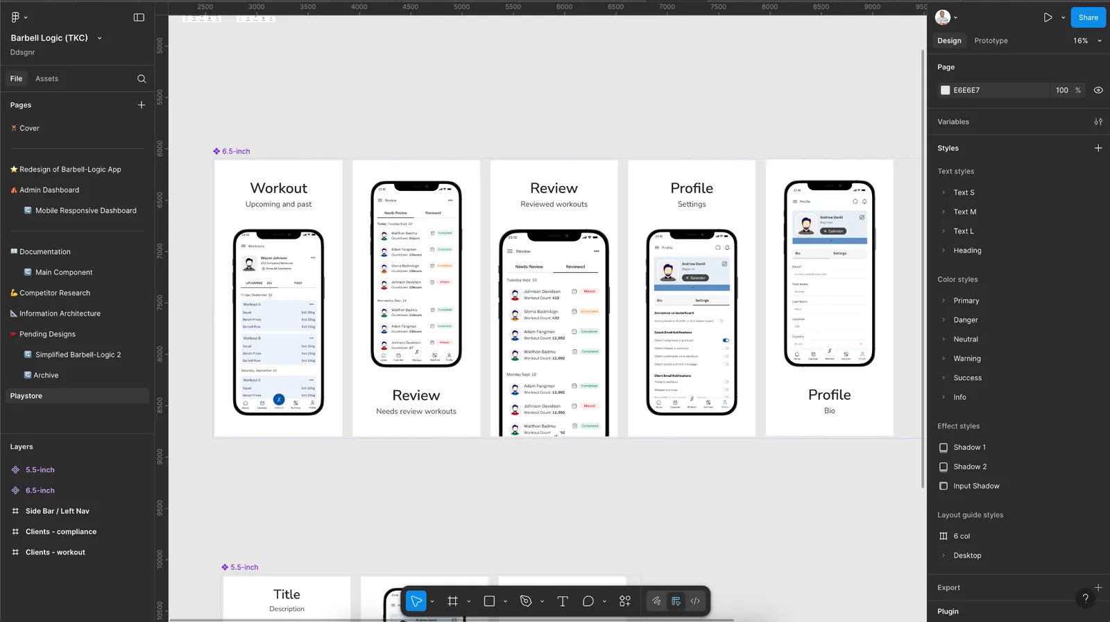 The Barbell Logic (TKC) Figma file: pages for the app redesign, admin dashboard, mobile-responsive dashboard, documentation, main components, competitor research, information architecture and pending designs