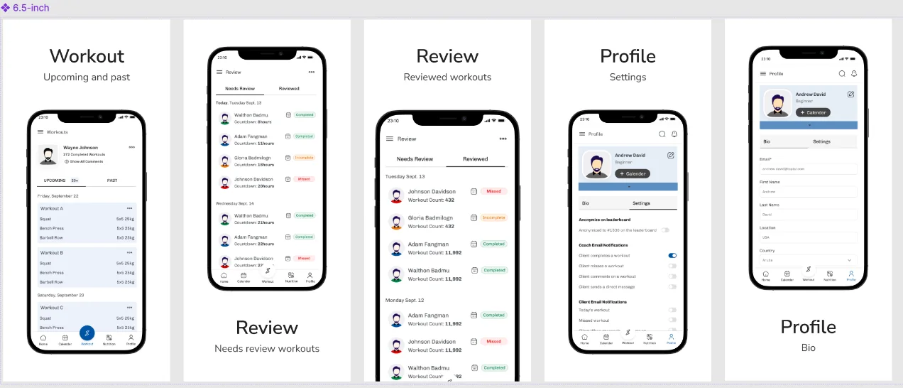 Five phone screens in Figma: a workout list with upcoming and past sessions, two coach review lists split into Needs review and Reviewed, and two profile and settings screens
