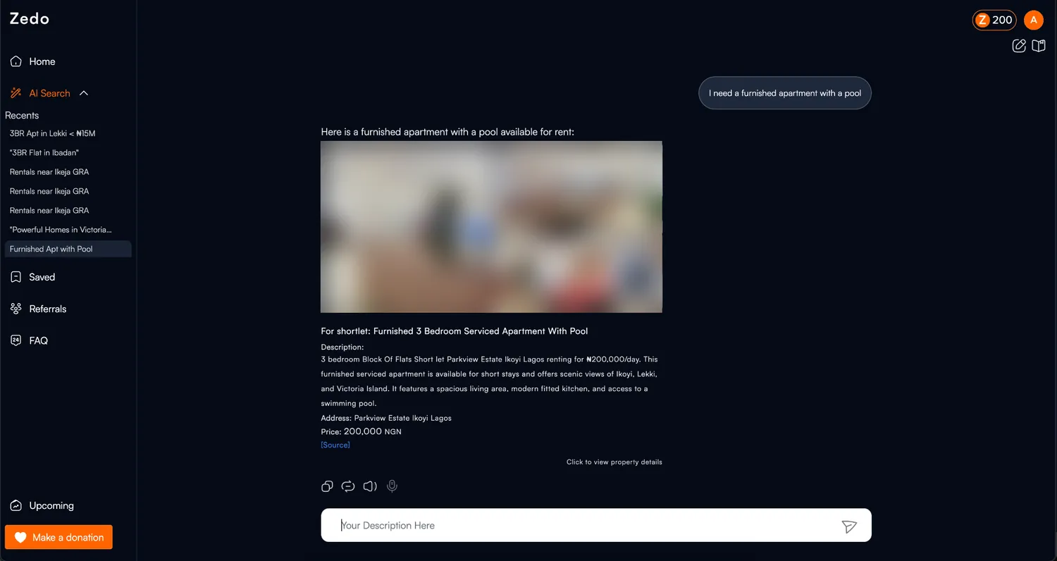 Zedo beta: a chat where a user asks for a furnished apartment with a pool and gets one matching listing with price and address