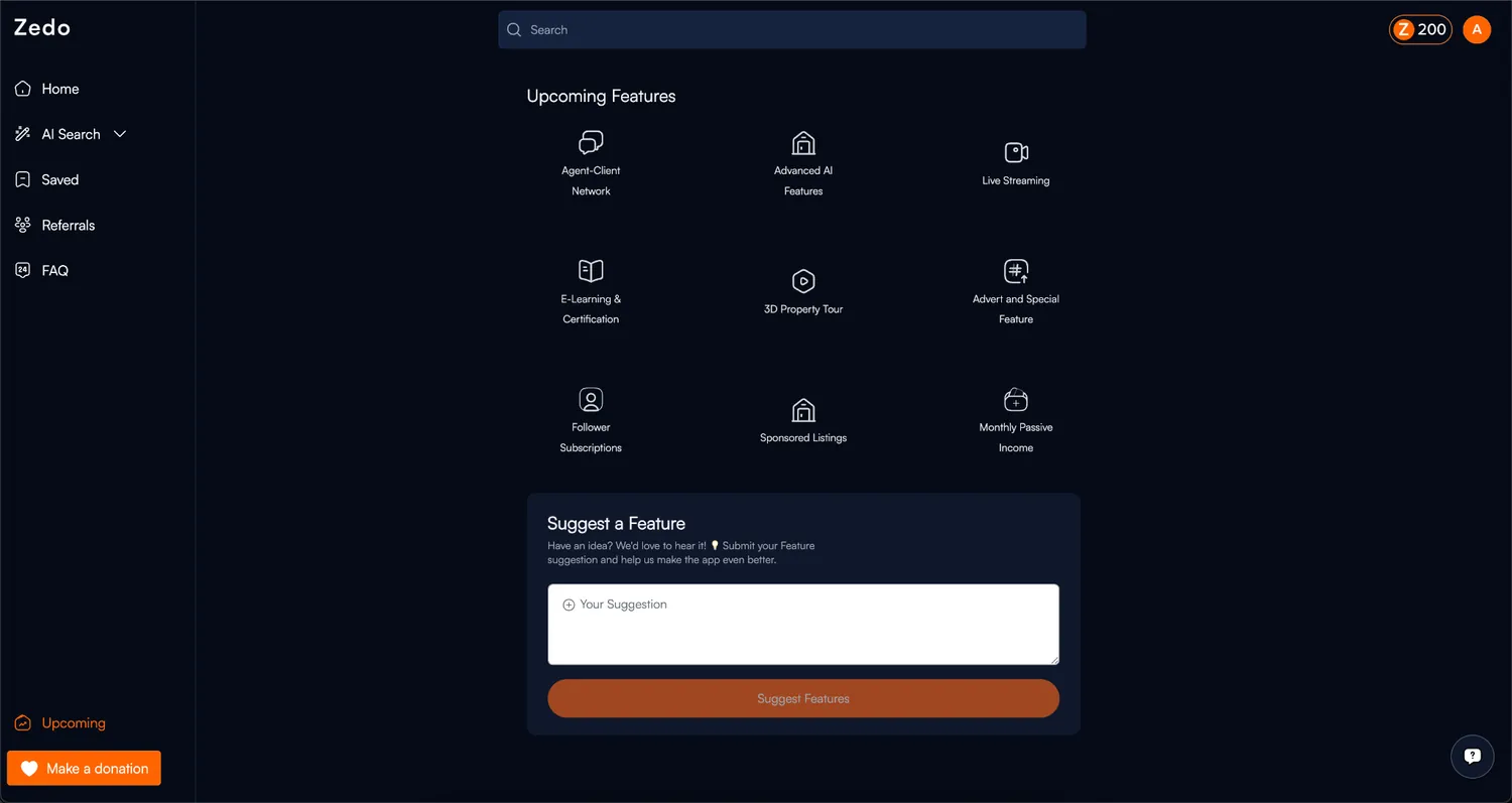 Zedo beta: an Upcoming Features page listing nine ideas, such as an agent-client network, live streaming, e-learning and certification, and 3D property tours, with a box to suggest a feature