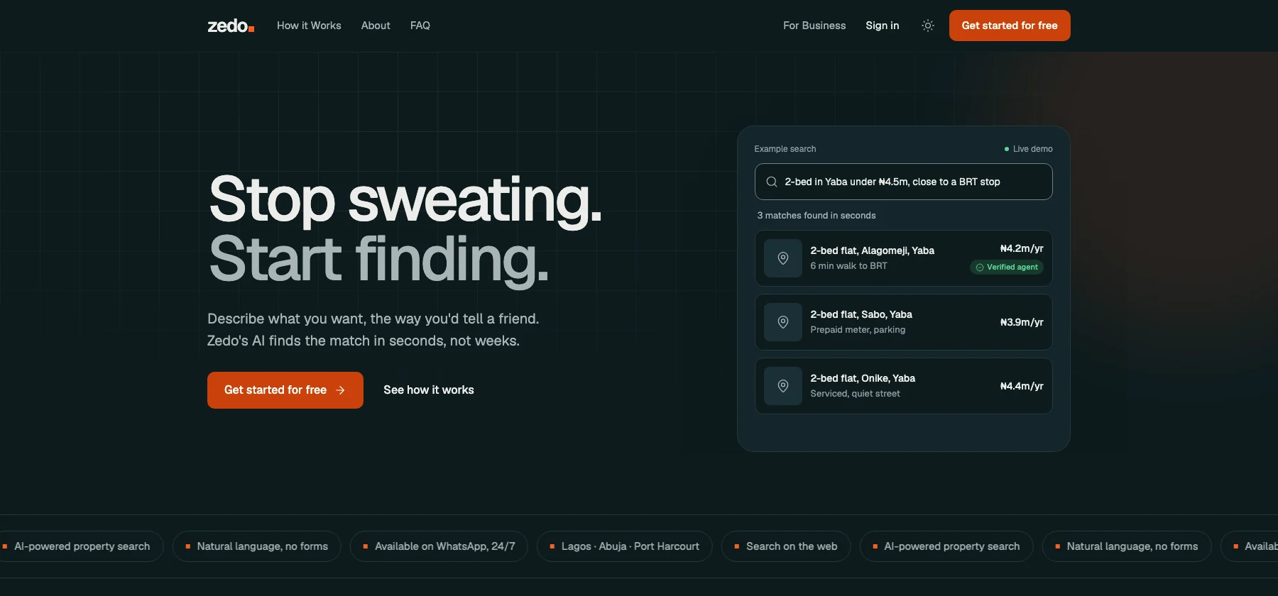 Zedo web app in dark theme: a plain-language search for a 2-bed in Yaba under ₦4.5m returns three matches, one with a verified agent tag