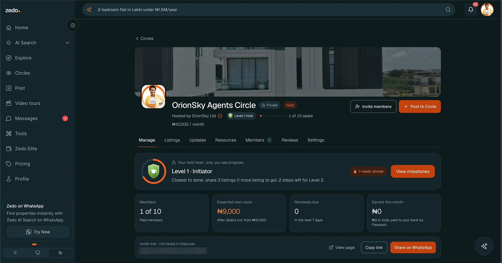 Zedo Circle management: host level progress, members, expected next cycle, renewals and an invite link