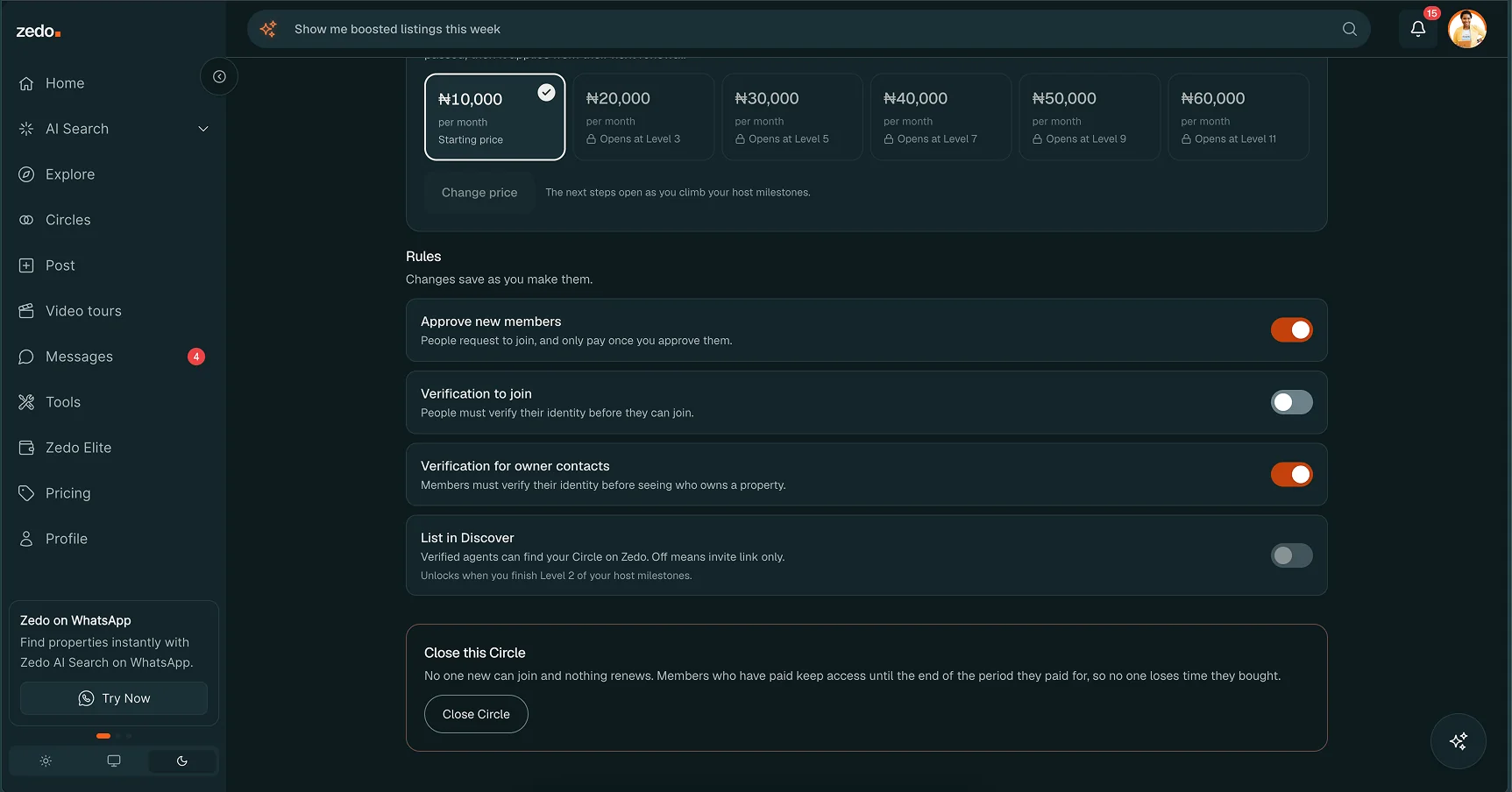 Zedo Circle settings: a price ladder from ₦10,000 to ₦60,000 unlocked by level, rules as toggles, and a Close this Circle panel