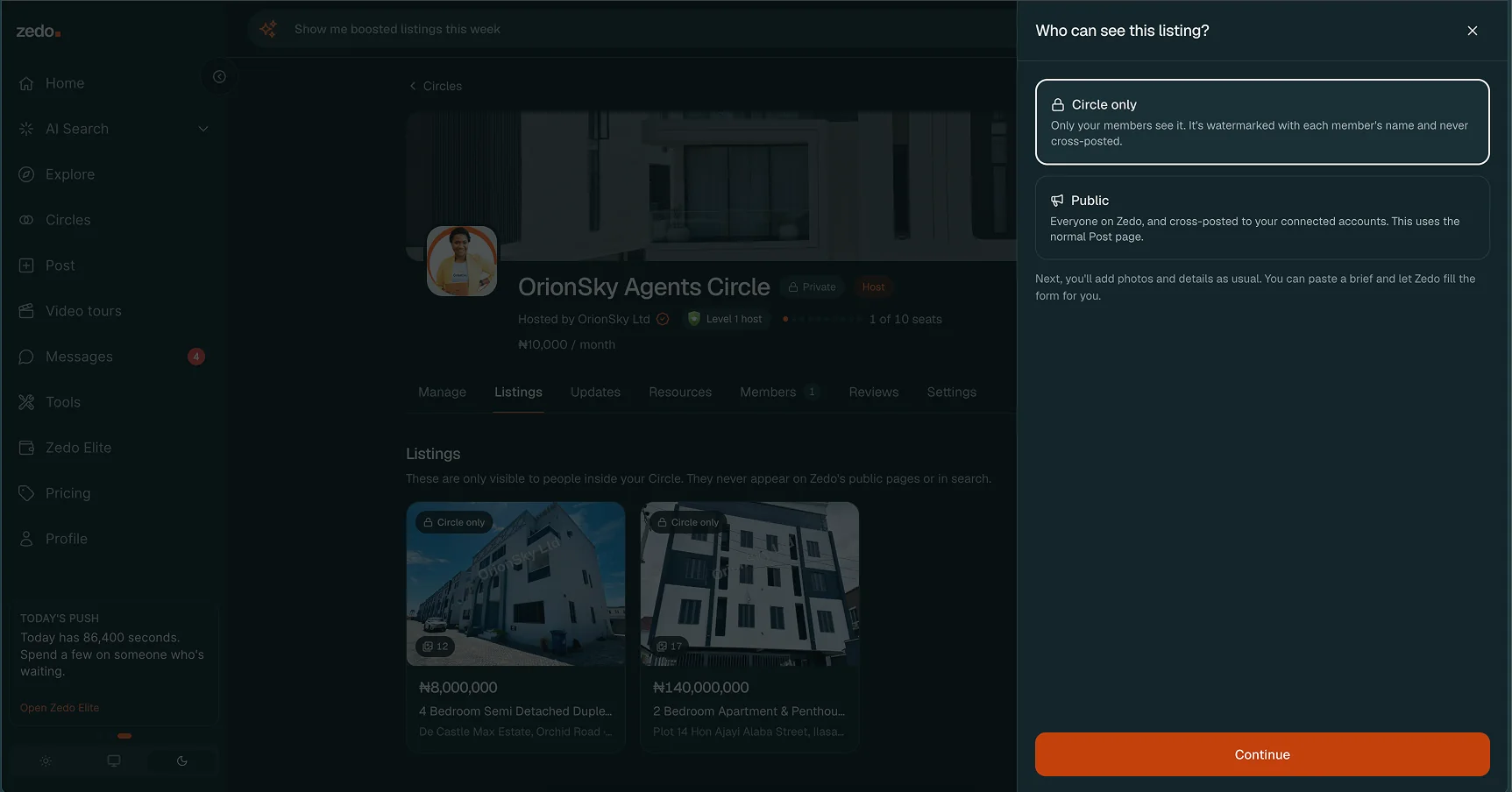 Zedo dialog titled Who can see this listing, with Circle only and Public options each explained