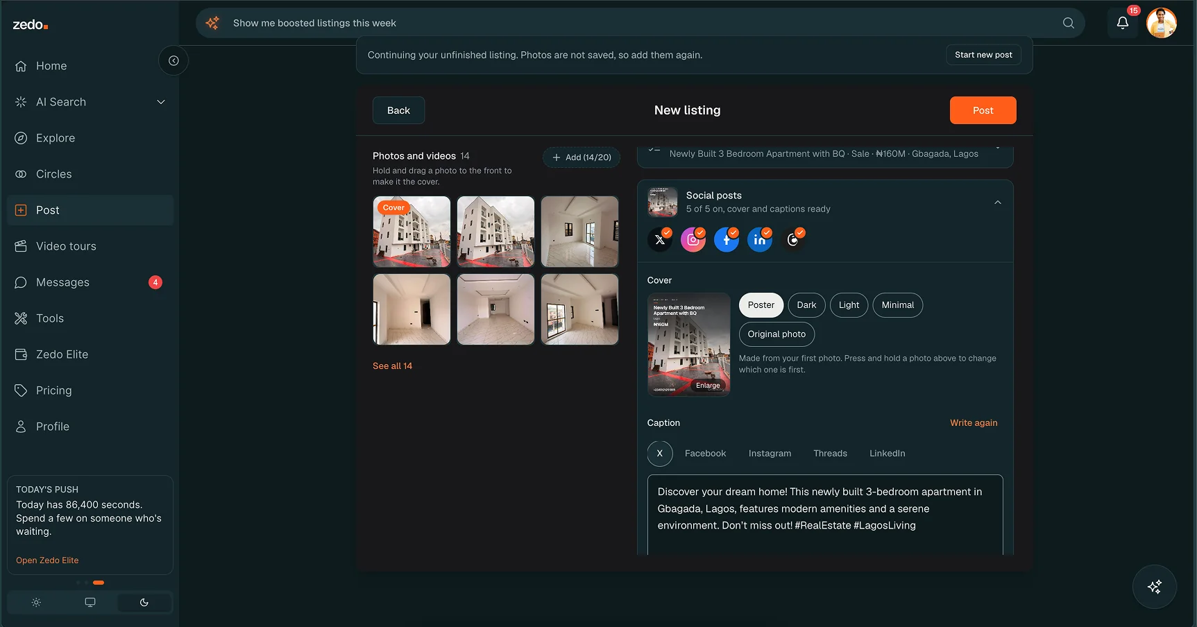Zedo social posts panel with cover style options and a caption editor with tabs for each network