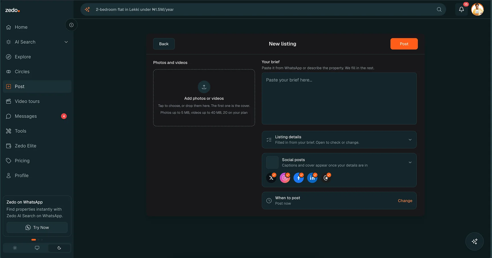 Zedo New listing screen: an empty photo drop area, a brief box saying paste it from WhatsApp, and collapsed rows for listing details, social posts and when to post
