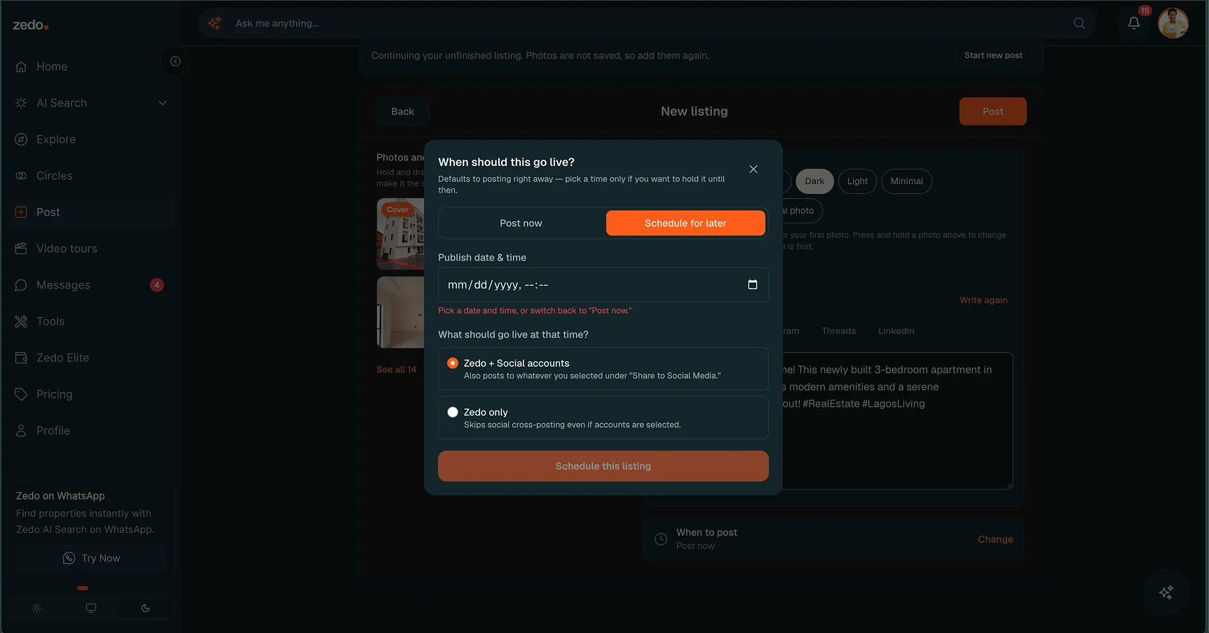 Zedo scheduling dialog: Post now or Schedule for later, a date field with an error message, and a choice between Zedo plus social accounts or Zedo only