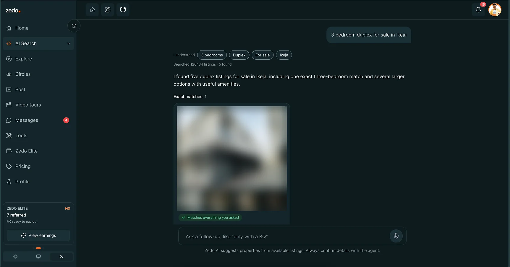 Zedo AI search result: the request parsed into four chips, a summary sentence, and one exact match tagged Matches everything you asked. Photos blurred.