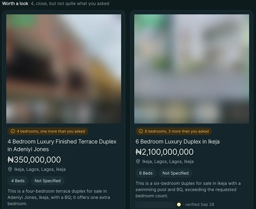 Zedo results group titled Worth a look: a 4-bedroom duplex at ₦350,000,000 flagged as one more bedroom than asked, and a 6-bedroom duplex at ₦2,100,000,000 flagged as 3 more than asked. Photos blurred.