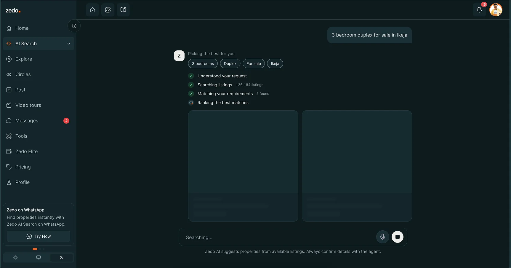 Zedo AI search in progress: four named steps, the last one still running, over skeleton result cards