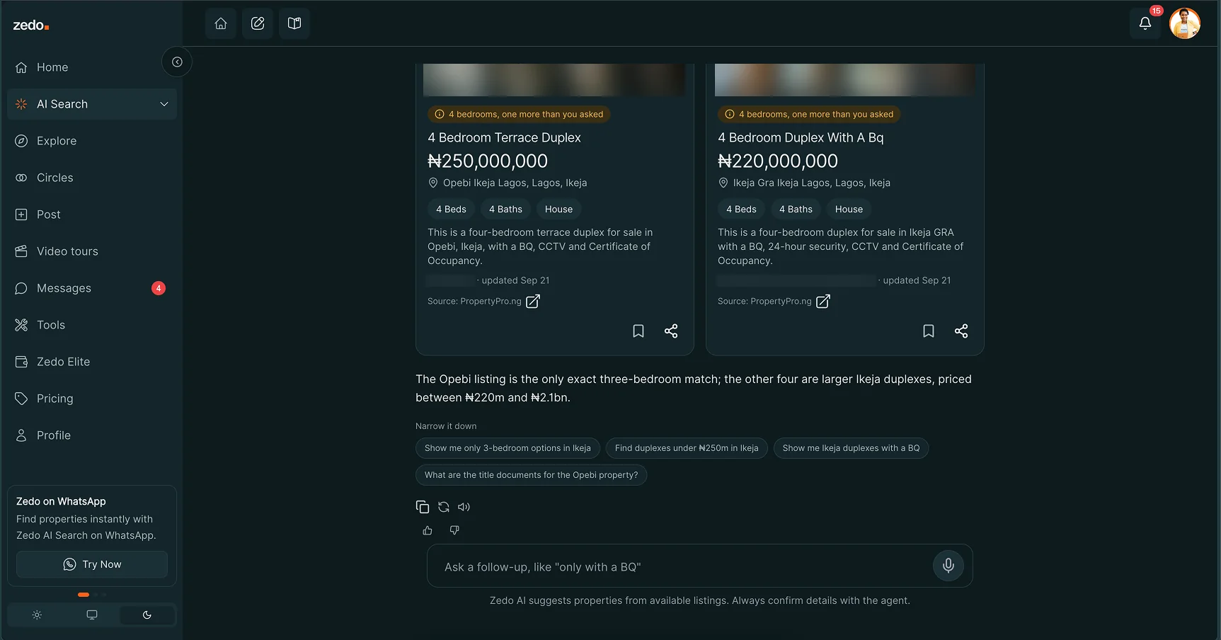 Zedo AI search: two near-miss cards, a one-sentence summary of the five results, and Narrow it down follow-up chips. Photos and agent names blurred.