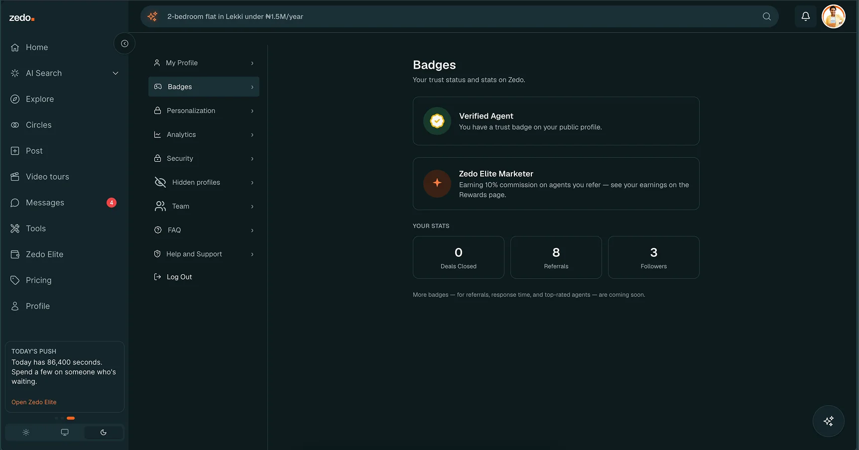 Zedo badges page showing a Verified Agent badge and a Zedo Elite Marketer badge with trust stats