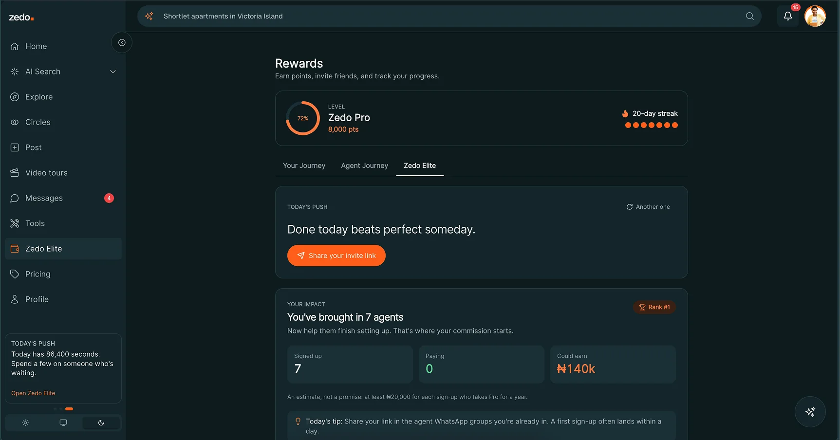 Zedo Elite rewards page showing a streak, an impact summary and an estimate flagged as not a promise