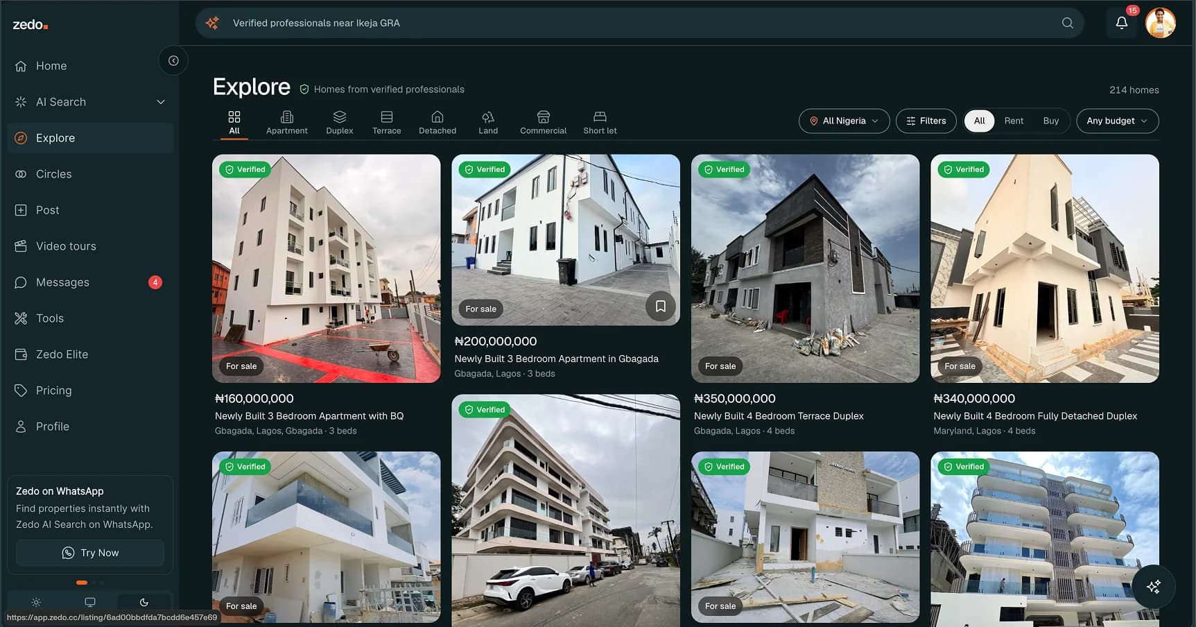 Zedo Explore: a grid of verified homes with type, location and budget filters