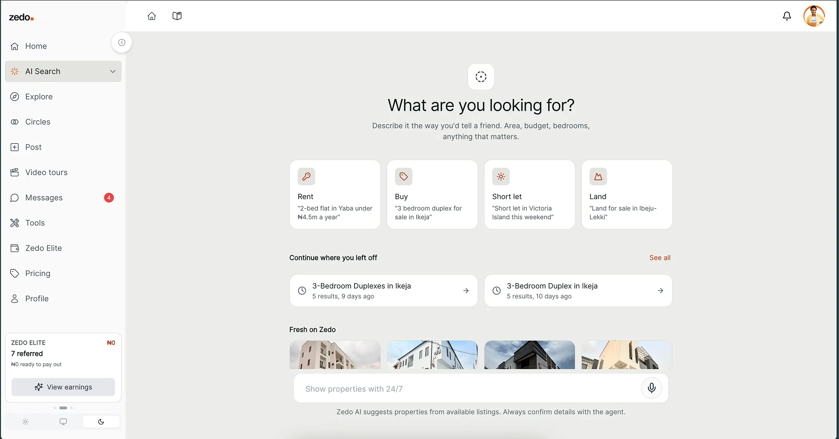 Zedo AI search start screen in light theme: What are you looking for, with four example prompts and recent searches