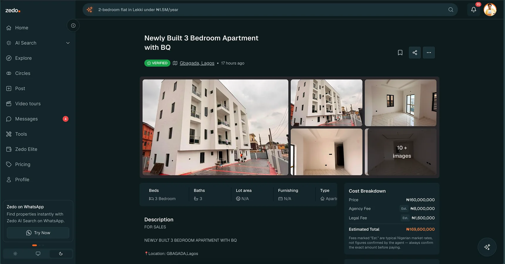 Zedo listing detail: photos, specifications and a cost breakdown with price, agency fee, legal fee and an estimated total