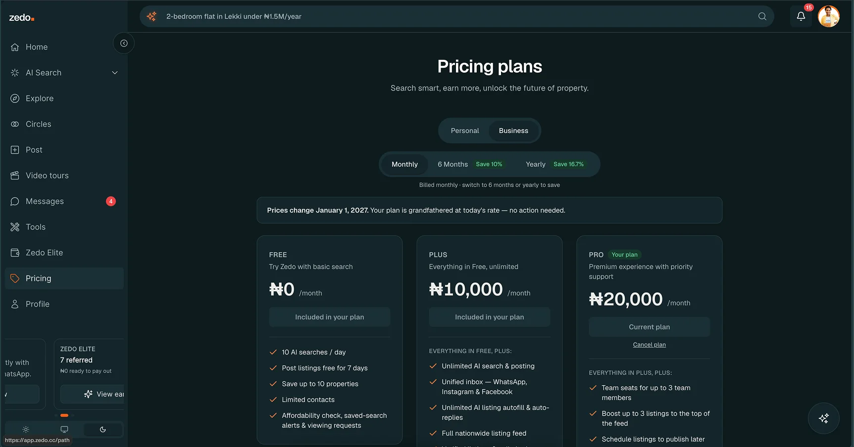 Zedo pricing page: Free, Plus and Pro plans with a monthly, six-month and yearly switch and a notice about a price change on 1 January 2027