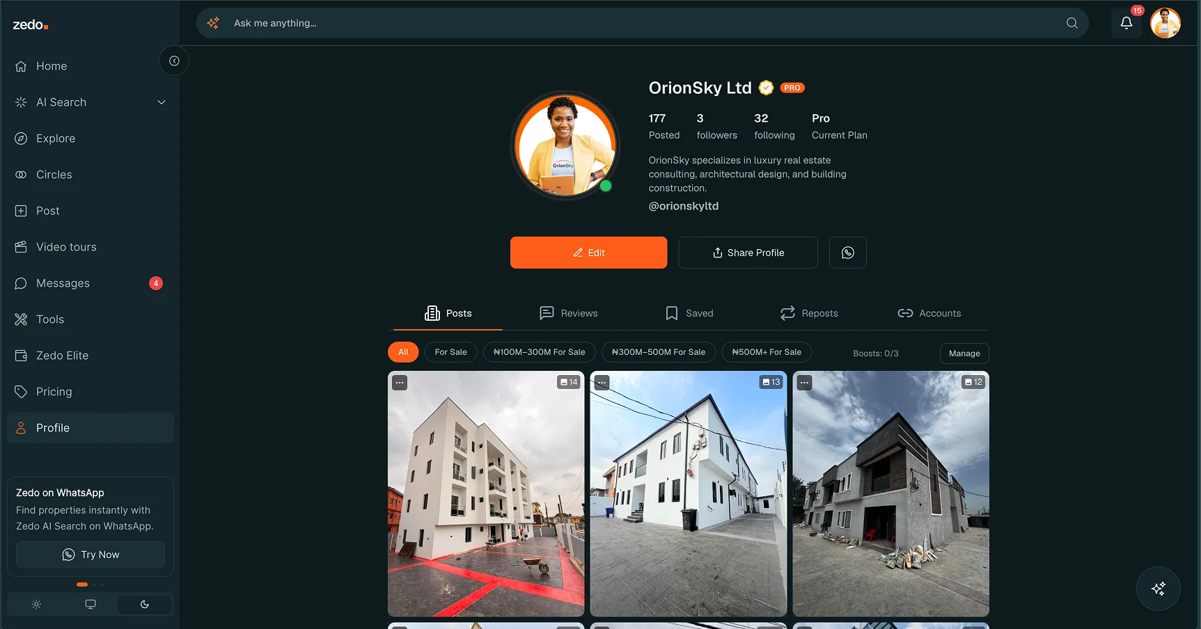 Zedo agent profile with posts, a price filter and a grid of listings